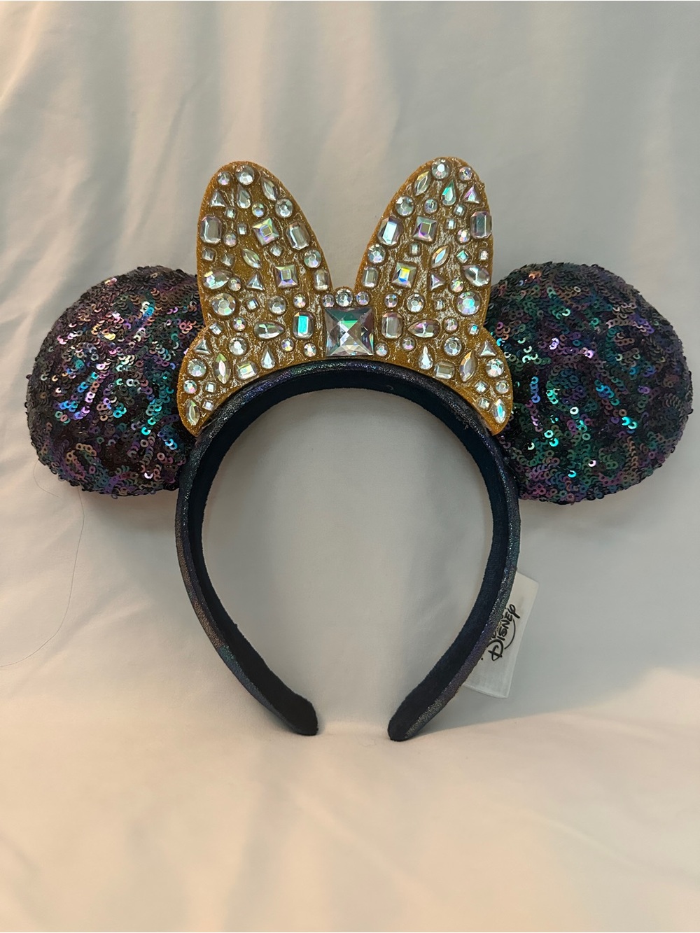 Disney Sequin Minnie Ears Headband with Gold Jeweled Bow